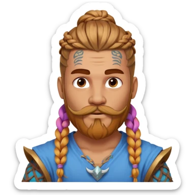 big lose braids starting from the top sides of the head hair like a unicorn man with mustache face wiith big visible loose only two braids and lots and lots of colored face tattoos colored tattoos like a tattoo artist hair unique color and beard viking  sticker
