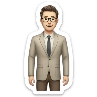 Joyful Full height Pale skinned Fit Man With dark brown hair in gray jacket, beige office shirt, Brown pants and vintage glasses. His thrumbs up sticker
