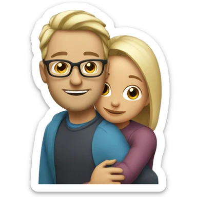 40 year old man with blond hair and glasses hugs a 40 year old woman with brown half long hair sticker