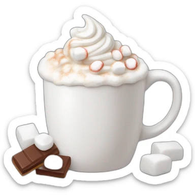 white mug of hot chocolate with mini marshmallows and whipped cream sticker
