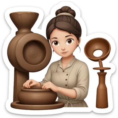 Brunette girl with a bun, behind the potter's wheel, wearing neutral clothing sticker