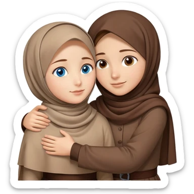 Turkish beautiful finish Konya girl blue eyes with brown beige hijab islamic dress and hugs with a boy brown haircut brother  sticker