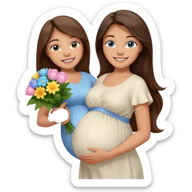 Create a cute emoji-style illustration of a young brunette woman with long brown hair, blue eyes, and a happy smile. She is pregnant, shown with a visible baby bump, wearing a simple white dress and holding a small bouquet of flowers. She looks excited and joyful, as if she's about to marry soon. sticker