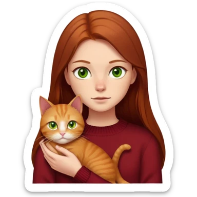  a girl with straight long brown hair, green eyes, she is wearing dark red sweater she has a scar on one eyebrow, and she is holding a ginger cat in her hands. It has yellow eyes. sticker