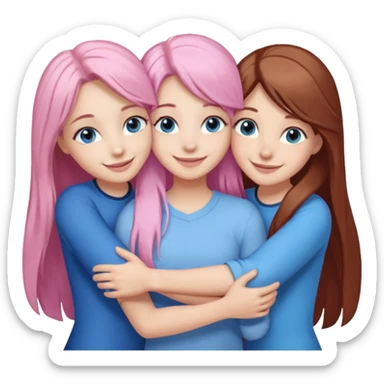 four white grips hugging and smiling    2 girls with brown eyes and long dark brown hair. One girl with long light pink hair and blue eyes, one girl with blue eyes and light blonde hair sticker