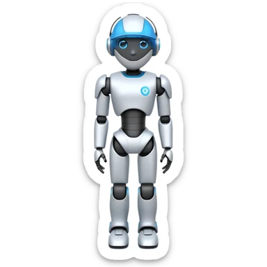 A 3D emoji-style humanoid robot with a white and gray body, black joints, and a glowing blue neon visor instead of a face. Futuristic and sleek design, simplified details for clarity at small emoji size, standing upright like a human sticker