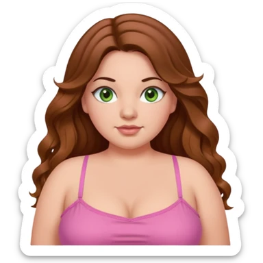 Baddie bratz girl with middle parted long wavy brown hair. green eyes. Plus size. pink spaghetti strap top. sticker
