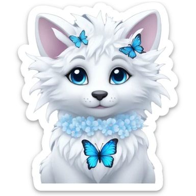 Anthro Edgy Cute Cool Kawaii gorgeous sparkly ethereal white fantasy animal creature with blue eyes furry sona with flowers and butterflies beautiful aesthetic sticker