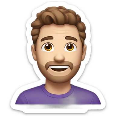 Twitch emote, white male blue eys brown hair, speach bubble saying hi, purple shirt sticker