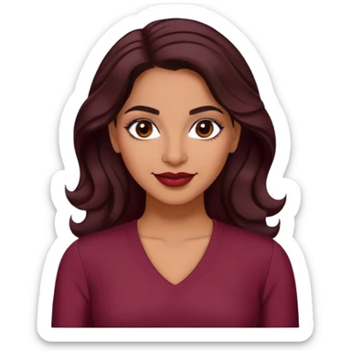 Puerto Rican actress Lynette Torres, woman with warm brown skin, attractive elegant features, expressive dark eyes, well-defined eyebrows, straight nose, friendly smile, long dark wavy hair, wearing a fashionable burgundy top sticker