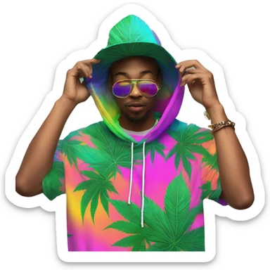 Hemp leaves Multicoloured neon person smoking wearing hoodie dancing hip hop bucket hat tropical Skater fashion aesthetic baggy clothes graphic t shirt 420 sticker