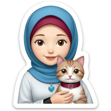 Asian White girl wearing cute maroon hijab and white dress holding a black grey tabby cat while smiling. The cat is wearing a blue collar sticker