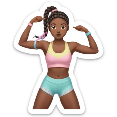 Athletic woman mid upper-body stretch, lean toned physique, defined legs and core, wearing a pastel sports bra and high-waisted patterned workout shorts, dark hair in two braids, focused expression, natural lighting sticker