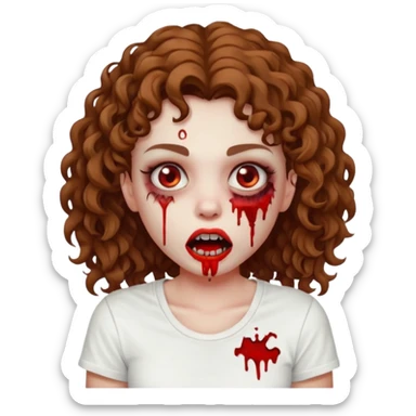 Zombie girl with curly brown hair como emoji de iphone y con la boca un poco lastimada haz que tenga una simple remera blanca puesta pero que sea zombie  sticker