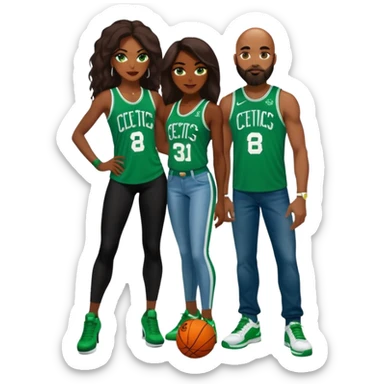 48-year-old dark skin black woman with brown eyes, long dark brown hair dressed in sexy 
celtics jersey costume outfit wearing stilettos. A white bald White man with orange beard and has blue/green  eyes, wearing a Jason Tatum Boston Celtics Jersey, jeans & green Nike sneakers  sticker