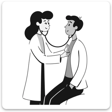 Female doctor in medical attire performing thorough examination of male patient's upper body, checking heart and lungs with stethoscope sticker