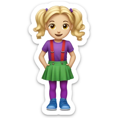 A little blonde girl with pigtails and little purple bows wearing a red long-sleeved shirt and purple overalls skirt with blue tights with green polka dots and purple sneakers. sticker