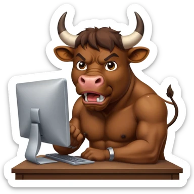 un toro arrabbiato seduto davanti al pc che impreca sticker