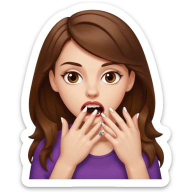 Une fille brune et blanche qui se mord un ongle entre ses dents (l'ongle est coincé entre les deux canines gauche) avec des manières comme si elle draguait qqn sticker