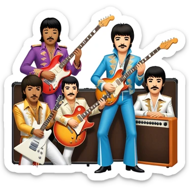 Rock music icon: dynamic collage of global rock legends like The Beatles, Jimi Hendrix, Elvis Presley, Freddy Mercury and Curt Cobane, surrounded by guitars, amplifiers, and stage lights. Symbolizing the energy and power of rock music. Transparent background. sticker