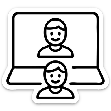 Minimalist illustration of a virtual meeting with two smiling individuals, one on a laptop screen, expressing connection and communication. sticker