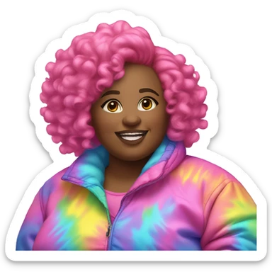 Plus size black woman with pink curly pixie cut hair and a rainbow tie dye bubble jacket  sticker