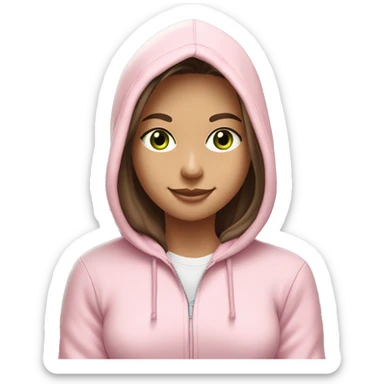 a girl with brown long hair, fair skin, green eyes, works relaxed and smiling at a modern laptop in a monochrome pale pink zip hoodie with a hood and a pink monochrome T-shirt sticker