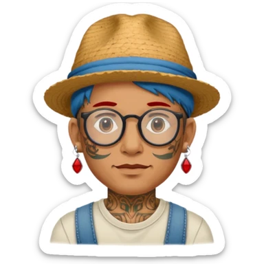 unique looking tourist with big unique red tourist hat and earrings, man with lots of tattoes and spectacles sticker