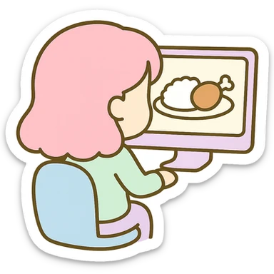 Edit the image to show the woman sitting in front of a computer, facing the computer and away from us, in the same kawaii chibi anime style with flat pastel colors, thick outlines, and simple cute features. On the computer screen, display a plate of rice with a chicken drumstick. Keep the background transparent. sticker