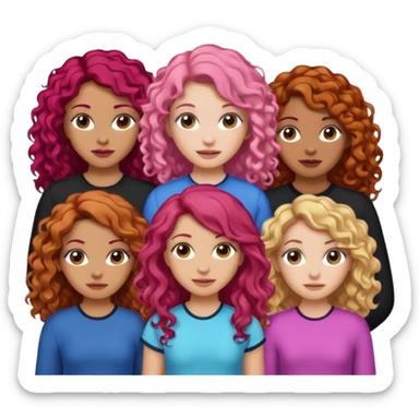 5 girls  curly redhead, one with brunette dyed blonde hair, one long haired wavy brunette, one mid-length haired brunette, and one black haired girl with partially dyed bright red/pink hair sticker