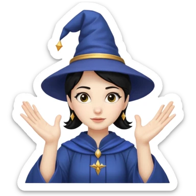 female wizard with black hair in a low bun under a wizards hat with both hands palm up sticker