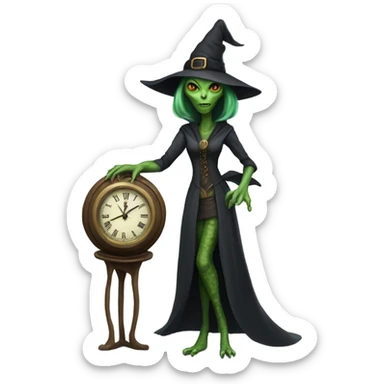 a Reptilian alien woman, as witch, holding holding a big clock, full body sticker