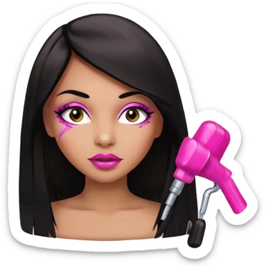 Glamours, medium tan skin tone, very beautiful girl, with big pump pink lips, long long lashes, black straight smooth silky long hair, straight parting hair, brown eye sticker