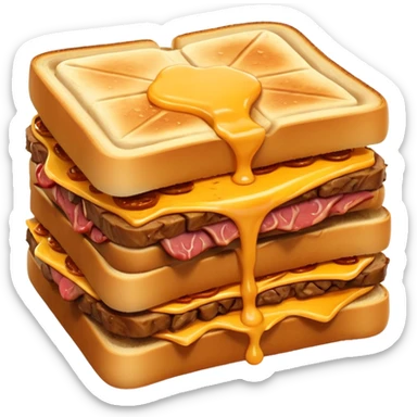 kavurma meat toasted sandwich object icon, grilled toasted bread, sautéed Turkish kavurma beef filling, melted cheese, juicy meat texture, golden brown crust, warm steam rising, 3D cartoon, mobile game icon style, centered, clean background, no text, no watermark sticker