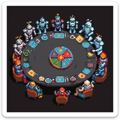 pixel art landscape inspired by the Last Supper, featuring a round table with more robots and people, knights and robots posed like Jesus and the apostles, detailed and vibrant, combining medieval and futuristic elements sticker