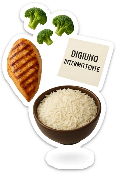petto di pollo grigliato, bowl di riso basmati e broccoletti fluttuano in aria insieme ad un foglio con la scritta "DIGIUNO INTERMITTENTE", iperrealistico 4k sticker