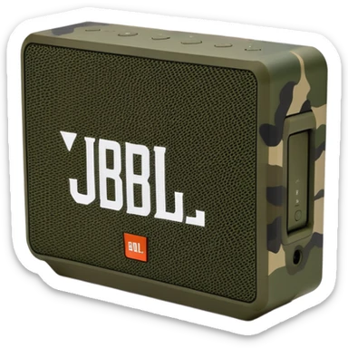JBL Go 4 in woodland camouflage, simplified design, front view showing speaker grill, modern minimal approach, military style sticker