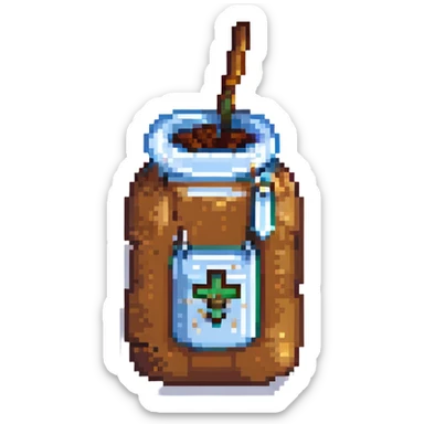 8-bit pixel art emoji, IV bag filled with brown coffee connected to arm, medical parody, on-call humor sticker