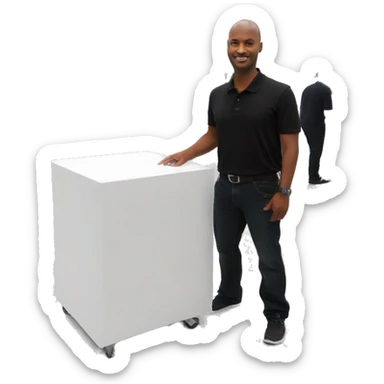 Technician wearing a black polo shirt installing a 43 inch  tv on white exhibition stand sticker