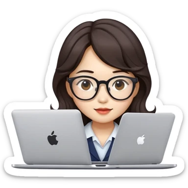 can u make emoji like apple style of chinese girl with korean wavy hair dark brown with glasses that doing a work in her laptop sticker