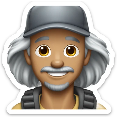 blue eyed man gray hair gray goatee wearing ball cap holding black long haired chihuahua sticker