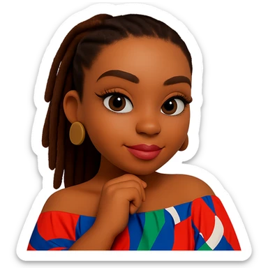 Create a 3D cartoon style emoji of the person in the reference photo. Match her facial features, hairstyle, earrings, and colorful off-shoulder top. The pose should be confident and stylish. Keep the background transparent. sticker