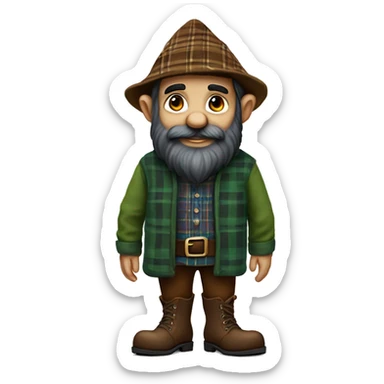 Full-length gnome, almost black beard, brown eyes, young, with a blue woolen hat, brown boots and a green plaid shirt. The body should be cartoonish and not realistic. sticker