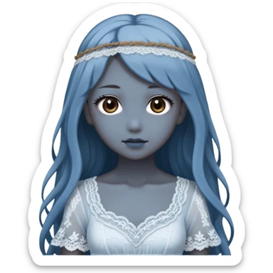 Beautiful shiny pastel transparent translucent Gorgeous spectral dark greyish-blue whitish gloomy spectral Anime Poltergeist Lady with long hair with a beautiful white silky lace dress with a silky lace head band sticker