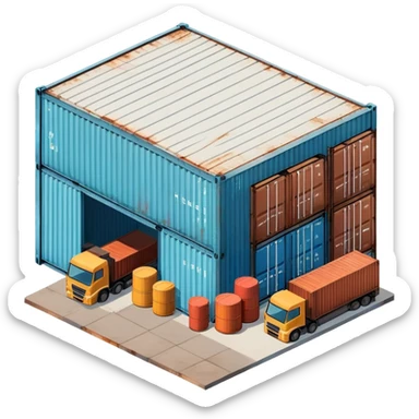 Isometric industrial warehouse with shipping containers outside and loading bay sticker