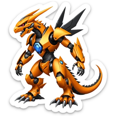 Cool Futuristic Black Orange Cyber-Digimon-Fakemon-Guilmon-Guilmon-Raptor-Wargreymon-Mecha-fusion (full body) sticker