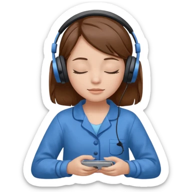 chica con pelo castaño ojos cerrados escuchando musica en pijama azul sticker