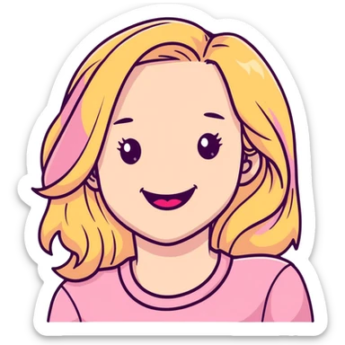 Young girl with pale skin, full pink lips smiling, blonde reddish long hair, big brown eyes with a hint of green, big mouth sticker