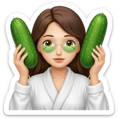 white long brunette hair girl with hazel eyes in a bathrobe with cucumbers covering her eyes sticker