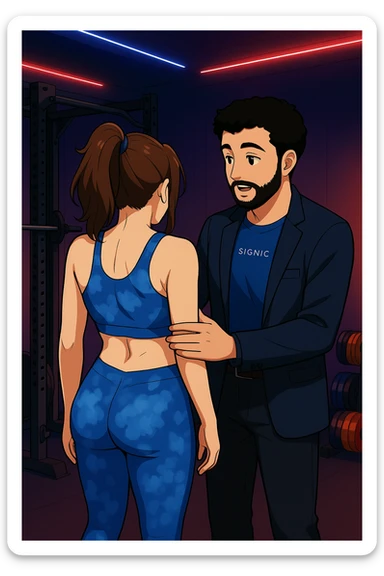 ispirati a questo stile di disegno e fai questa immagine in versione manga/webtoon a colori, il manga mostra la donna di spalle, mentre l'uomo le tocca la spina dorsale per spiegarle come funziona la scoliosi:
Con una scoliosi il baricentro corporeo cade maggiormente da un lato; per non cadere la schiena compensa accumulando tensione sul fianco opposto.
Il risultato? Si inclina e ruota sempre più, fino a che non cede (discopatie, artrosi, ecc) sticker